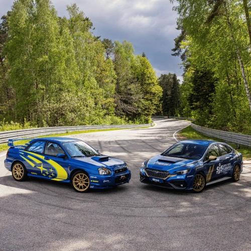 Pojedynek samochodów wyścigowych Subaru Impreza STI gr. N vs Subaru WRX
